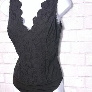 Express Black Lace Bodysuit Small Scalloped V Neck Dark Romantic Vamp Rave Goth